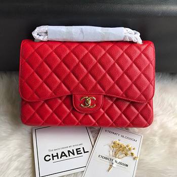 CHANEL Red Jumbo Calfskin Leather Double Flap Gold Bag