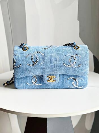 Chanel CF Blue Denim Medium CC Metallic Double Flap Bag