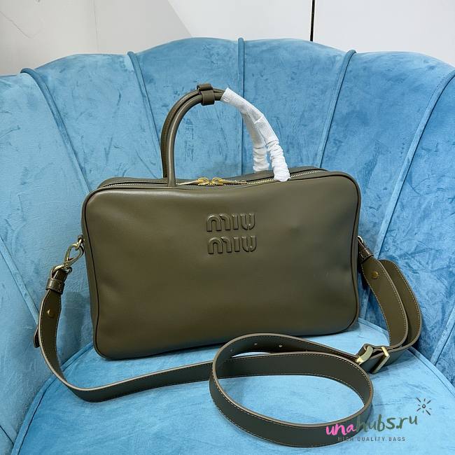 Miu Miu logo embossed green leather tote bag - 1