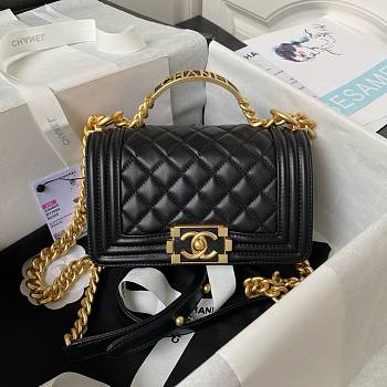 Chanel Boy Black Grained Shiny Calfskin Gold Handle Bag 20cm