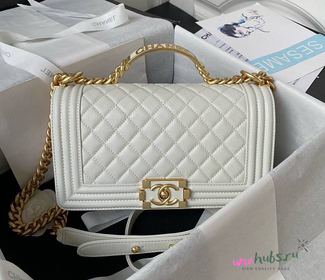 Chanel Boy White Grained Shiny Calfskin Gold Handle Bag - 1