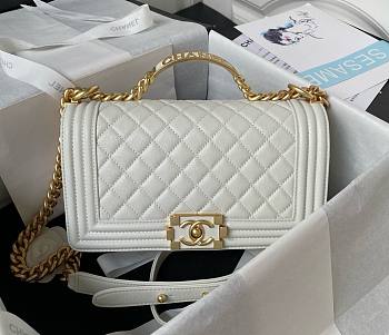 Chanel Boy White Grained Shiny Calfskin Gold Handle Bag