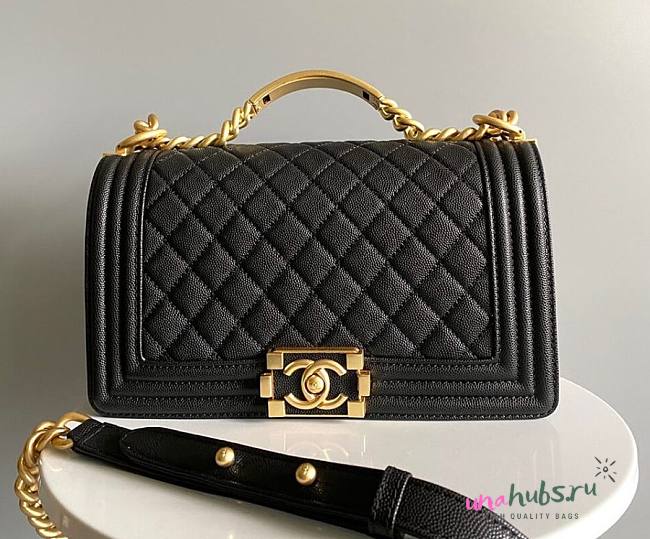 Chanel Boy Black Grained Shiny Calfskin Gold Handle Bag - 1