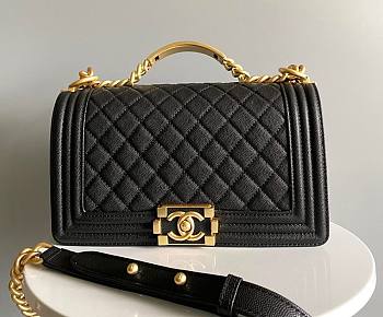Chanel Boy Black Grained Shiny Calfskin Gold Handle Bag