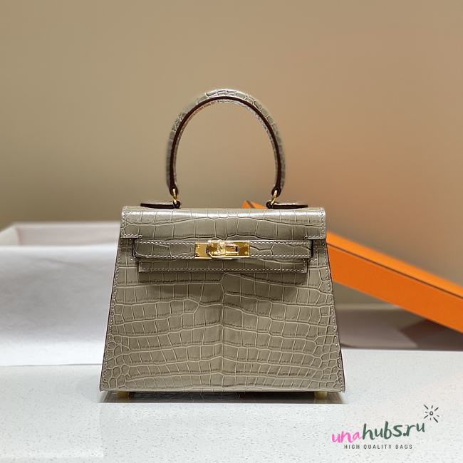 Hermes Kelly Vert Gray Shiny Alligator Mini 20 Bag - 1