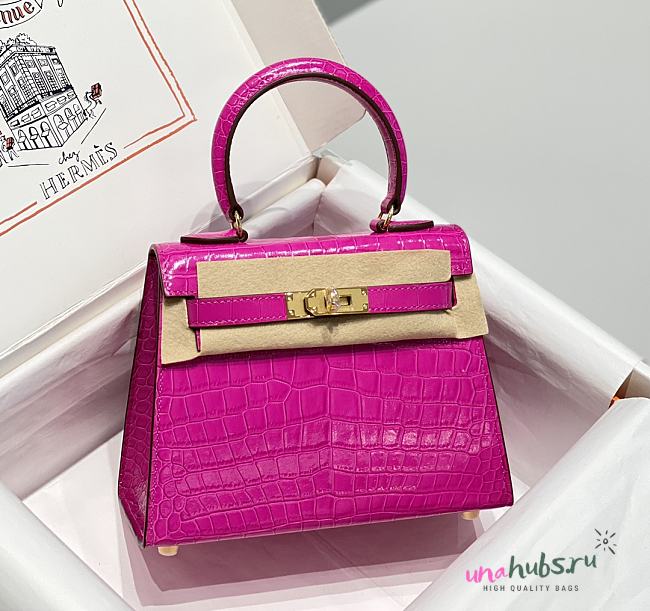 Hermes Kelly Vert Pink Shiny Alligator Mini 20 Bag - 1