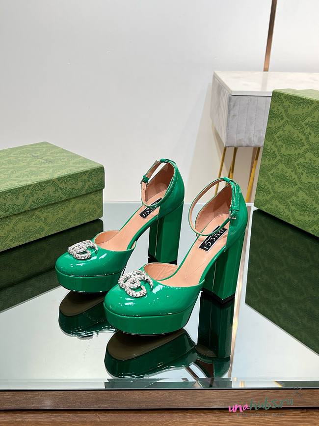 Gucci crystal double G green platform pumps 11.5mm - 1