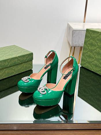 Gucci crystal double G green platform pumps 11.5mm