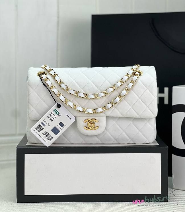 Chanel CF medium white velvet gold hardware bag - 1