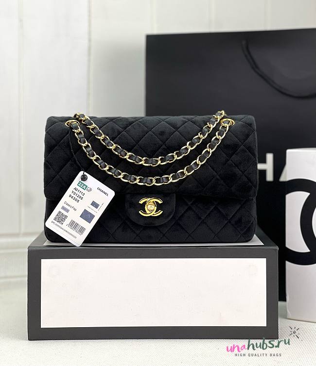 Chanel CF medium black velvet gold hardware bag - 1