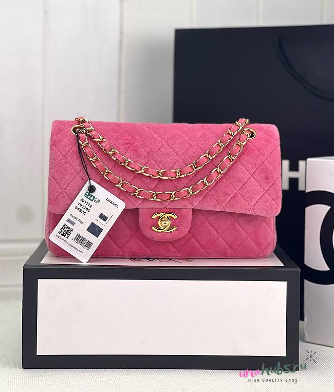 Chanel CF medium pink velvet gold hardware bag - 1