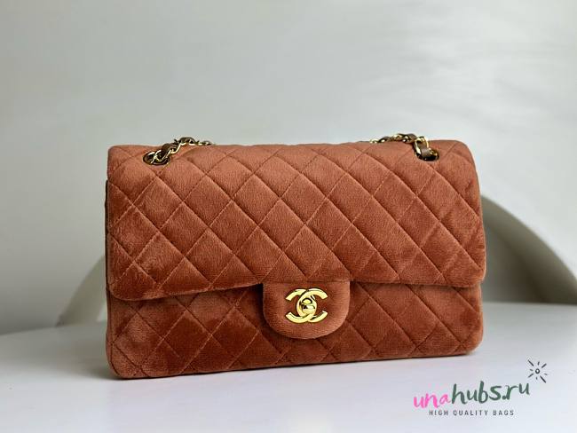 Chanel CF medium brown velvet gold hardware bag - 1