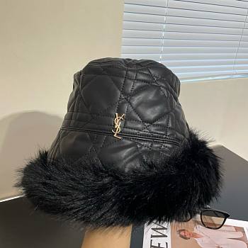 YSL round black fur hat 