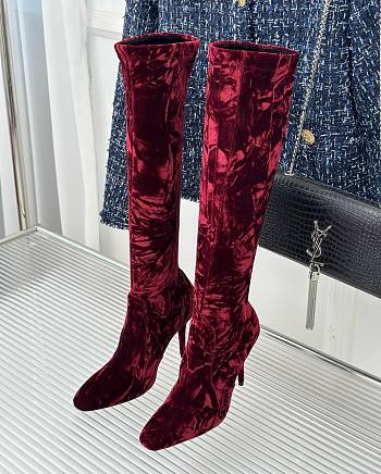 YSL  red velvet high heeled boots 