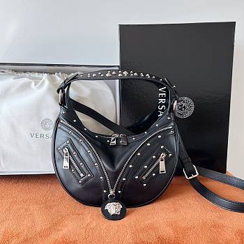 Versace Black Small Repeat Hobo Leather Shoulder Bag