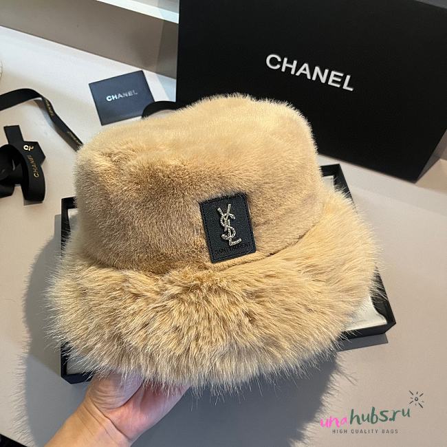 YSL Fur Bucket Beige Hat - 1