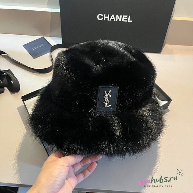 YSL Fur Bucket Black Hat - 1