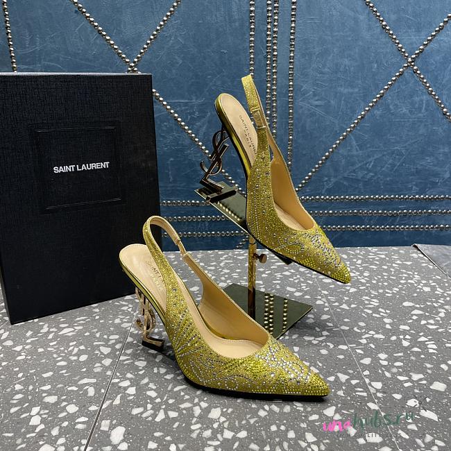 YSL crystal-embellished satin yellow slingback heels 10.5mm - 1