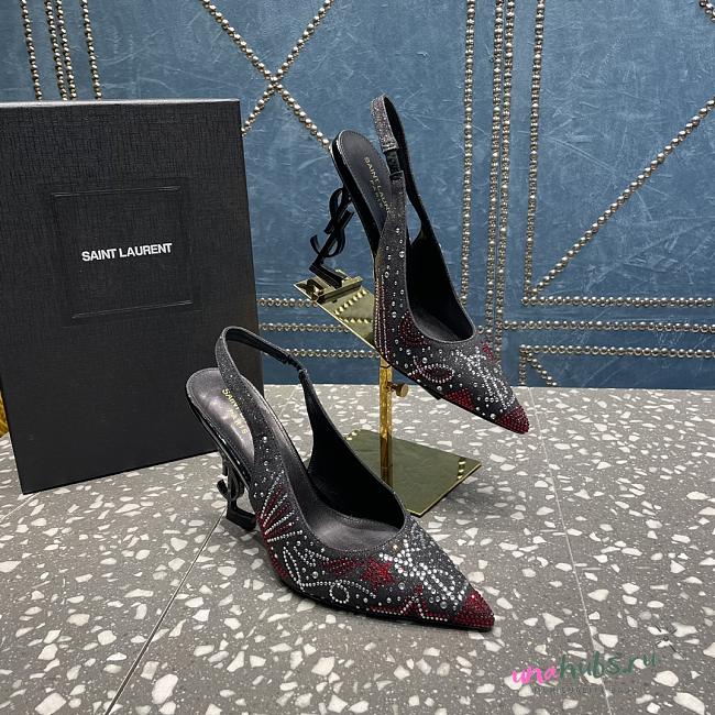 YSL crystal-embellished satin black slingback heels 10.5mm - 1