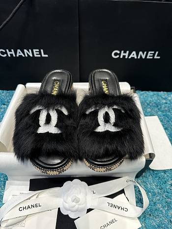 Chanel Black Fur Mules 