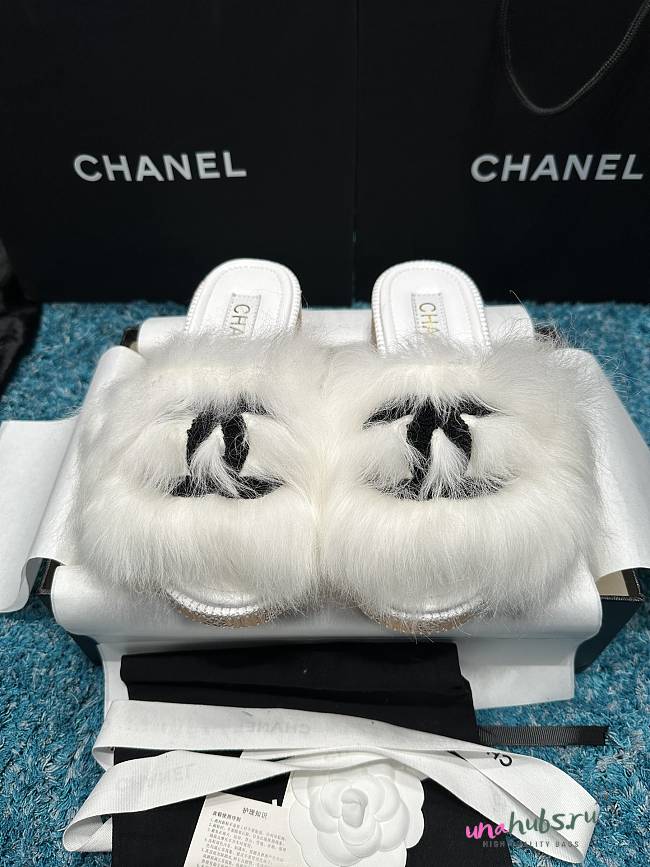 Chanel White Fur Mules - 1