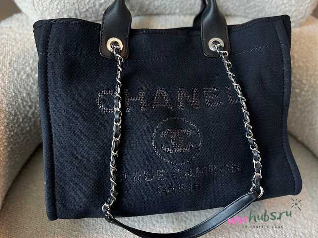 Chanel Black Deauville Silver Hardware Shopping Bag  - 1