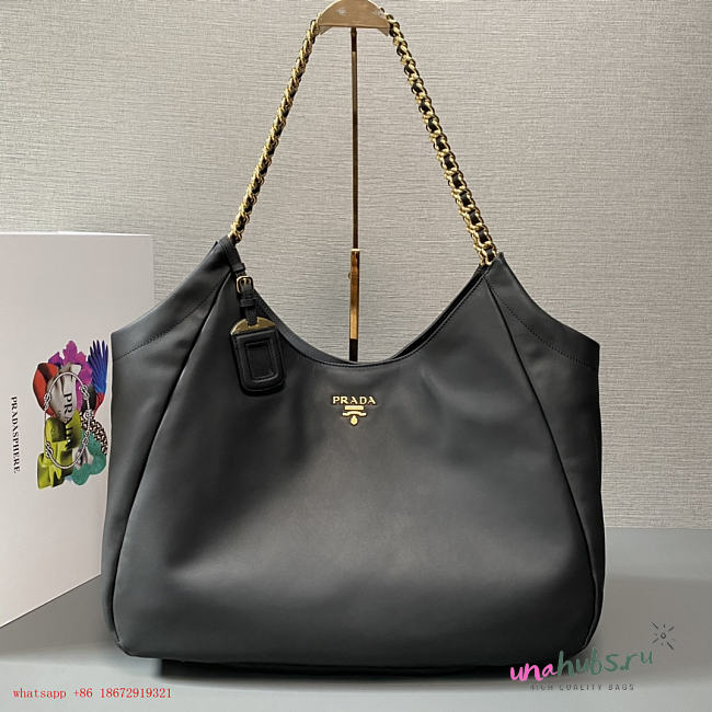 Prada Cervo Lux Chain Hobo Black Tote Bag - 1