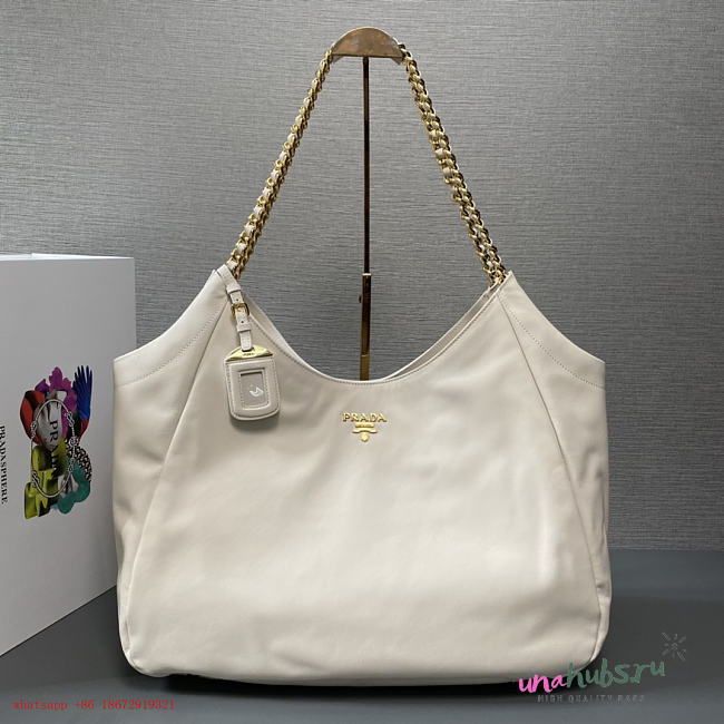 Prada Cervo Lux Chain Hobo White Tote Bag - 1