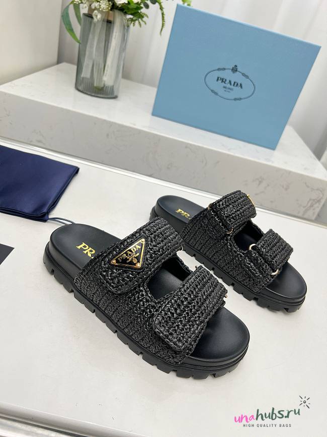 Prada Crystal Slip-On Black Sandals - 1