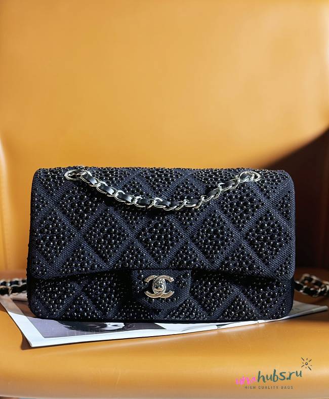 Chanel 23 tweed sequin black leather 25cm bag - 1