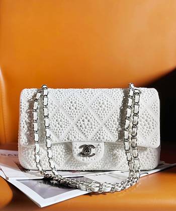 Chanel 23 tweed sequin white leather 25cm bag