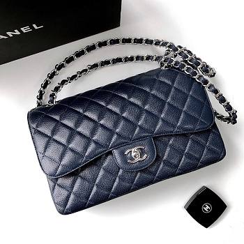 Chanel CF 1112 navy blue 30cm caviar leather silver hardware bag