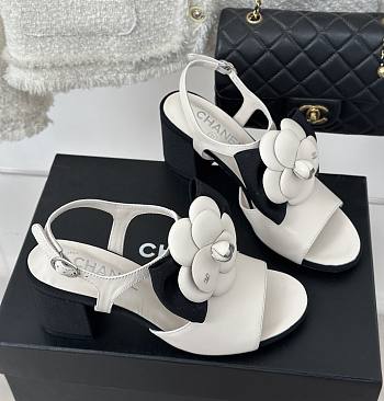 Chanel white camellia flower flatform heel