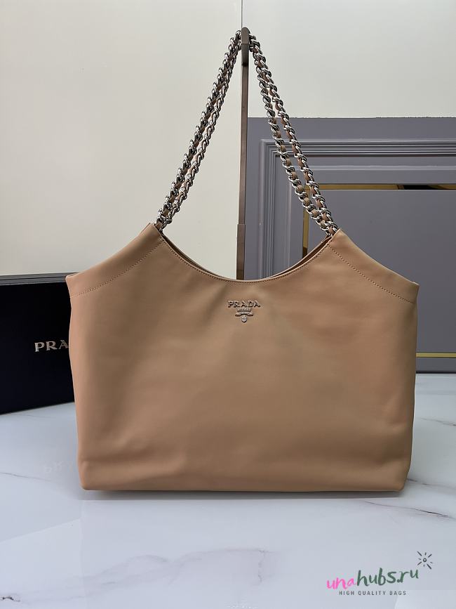 Prada Cervo Lux Chain Hobo Brown Silver Tote Bag - 1