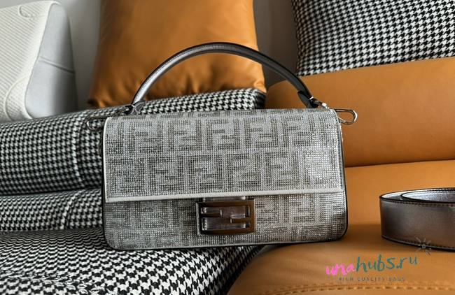 Fendi Baguette crystal FF motif silver leather bag - 1