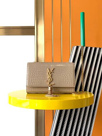 YSL Small Kate Leather Clutch Bag In Crocodile Patent Beige Leather - 20cm