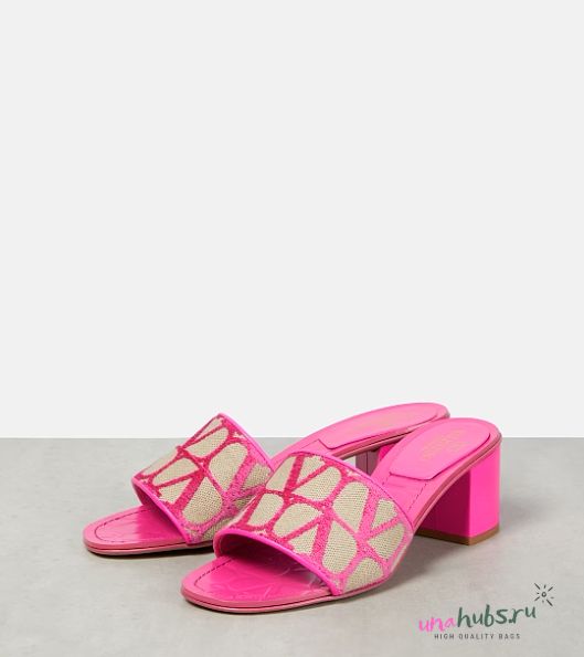 Valentino Garavani Toile Iconographe 60 Mule Sandals in Canvas & Leather Pink - 1