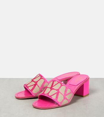 Valentino Garavani Toile Iconographe 60 Mule Sandals in Canvas & Leather Pink