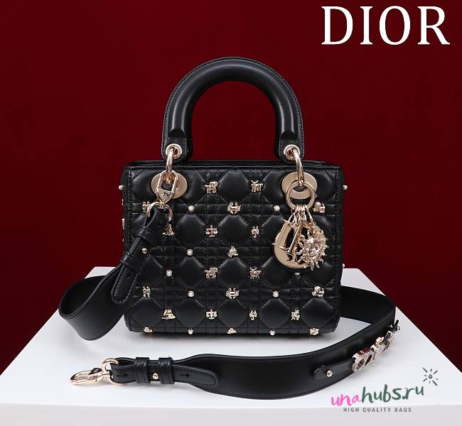 	 Dior Small Lady Dior My ABCDior Bag Black with Gold-Finish Zodiac Sign Studs - 1