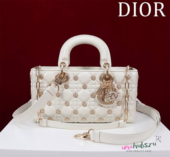 	 Dior Medium Lady D-Joy White Bag with Gold-Finish Sun Studs - 26 x 13.5 x 5 cm - 1