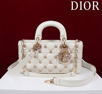 	 Dior Medium Lady D-Joy White Bag with Gold-Finish Sun Studs - 26 x 13.5 x 5 cm