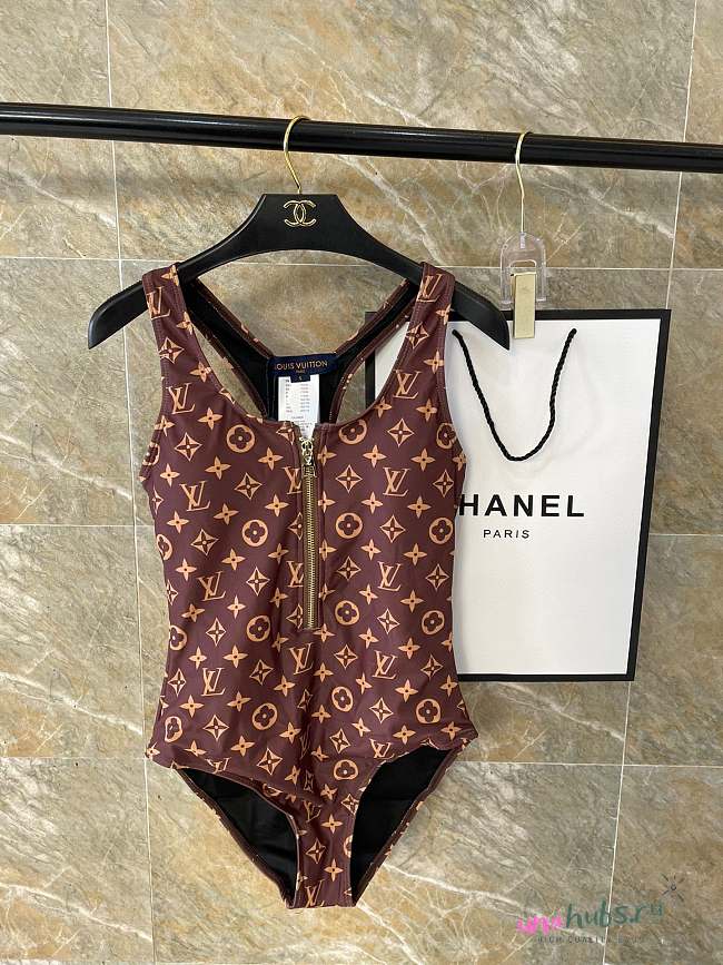 Louis Vuitton Brown Monogram With Gold Zipper One Piece Swimwear - 1