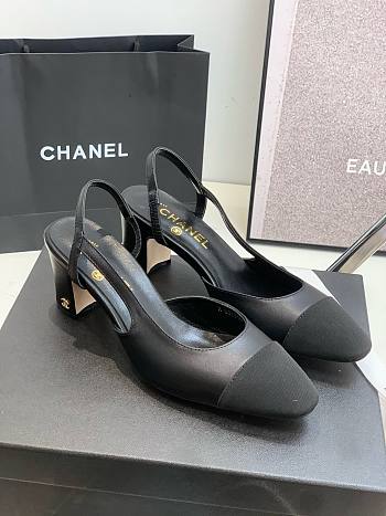 Chanel Slingback All Black With Gold CC Logo 6.5cm heeled