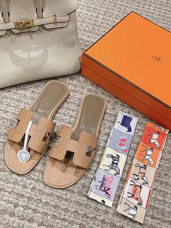 Hermes Oran Lizard Leather Beige Slides