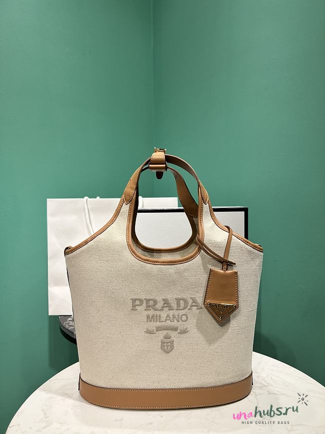 Prada Shopping Bag in Linen and Leather - 28x22.5x12.5cm - 1