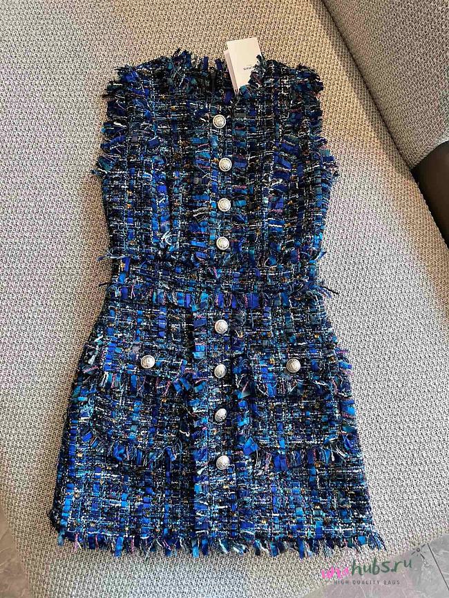 Balmain Tweed Less Sleeves Dress In Blue - 1