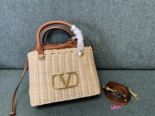 Valentino Beige/Brown Wicker And Leather Vlogo Signature Bucket Bag - 25x18x9cm - 1