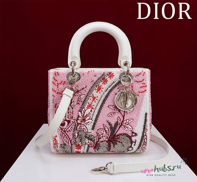 Dior Lady Calfskin Embroidered Butterfly Medium Pink and White - 20cm - 1