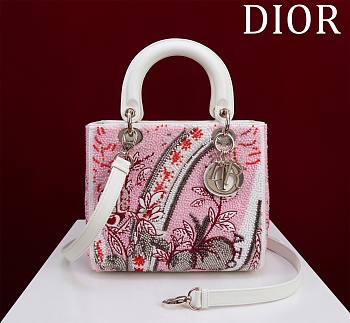 Dior Lady Calfskin Embroidered Butterfly Medium Pink and White - 20cm