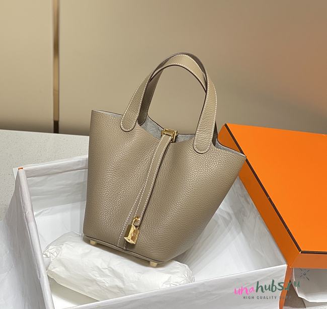 	 Hermes Picotin Lock 22 Grey Tote Clemence Palladium Gold - 1